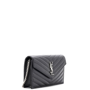 Saint Laurent Classic Monogram Wallet On Chain Matelasse Chevron Leather Small