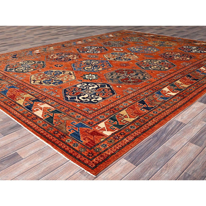 8'10"X11'10" Sun Orange Super Kazak Geometric Wool Hand Knotted Rug