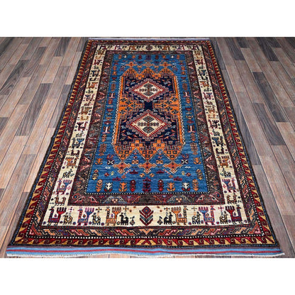 4'X6'4" Blue Afghan Ersari Caucasian Design Revival Hand Knotted Wool Rug