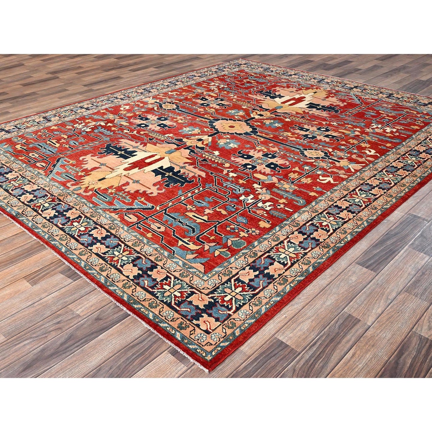 7'10"X9'7" Red Afghan Peshawar Heris All Over Design Hand Knotted Wool Rug