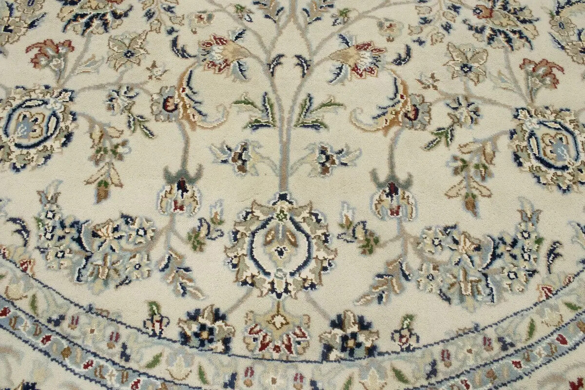Extra Fine Hand-Knotted Indo-Nain Round Rug 6X6 ft Cream Floral
