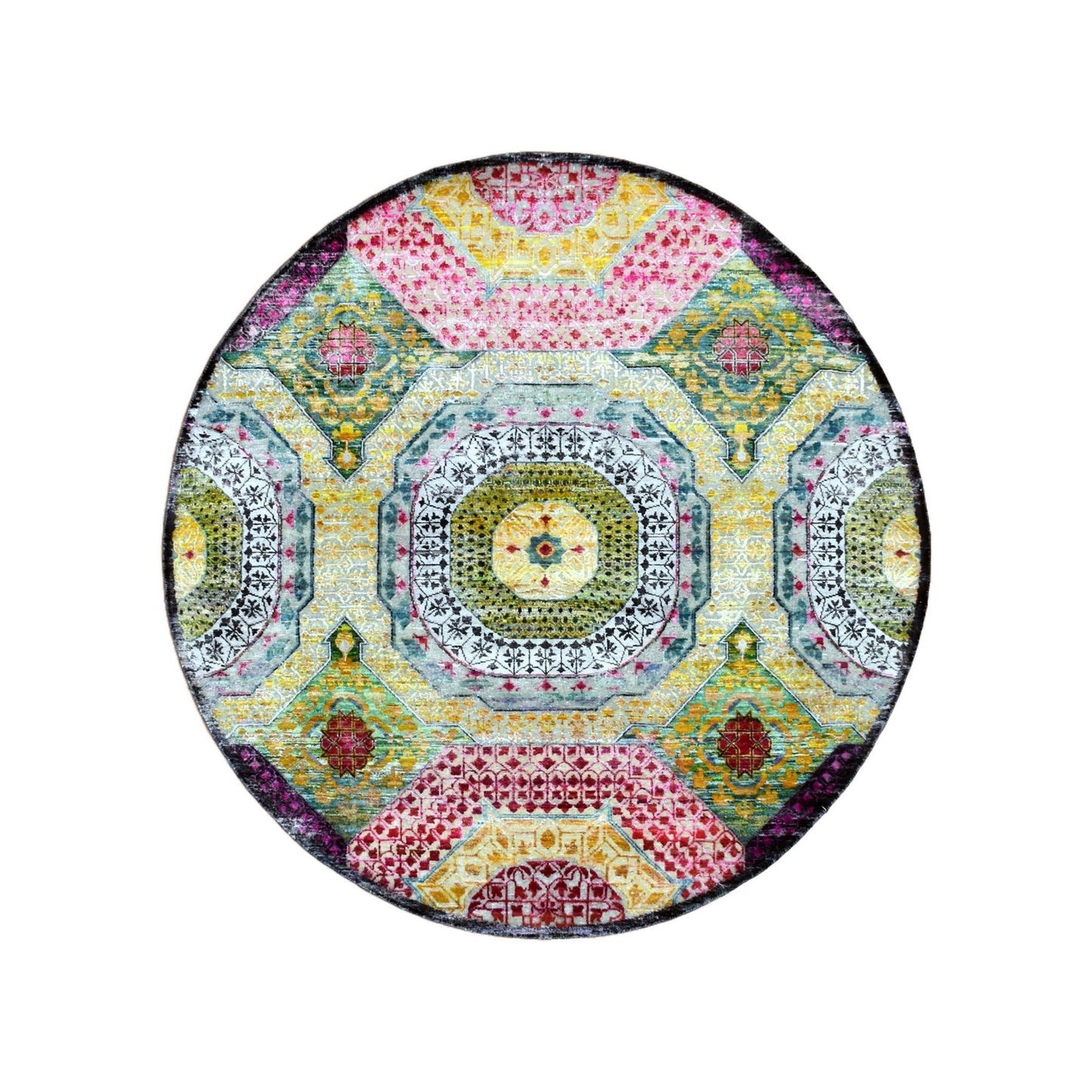 6'1"X6'1" Yellow Hand Knotted Mamluk Design Silk-Wool Round Oriental Rug