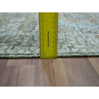 2'7"X12'1" Green Wool Rug Pre Historic Mamluk Design Hand Knotted Runner