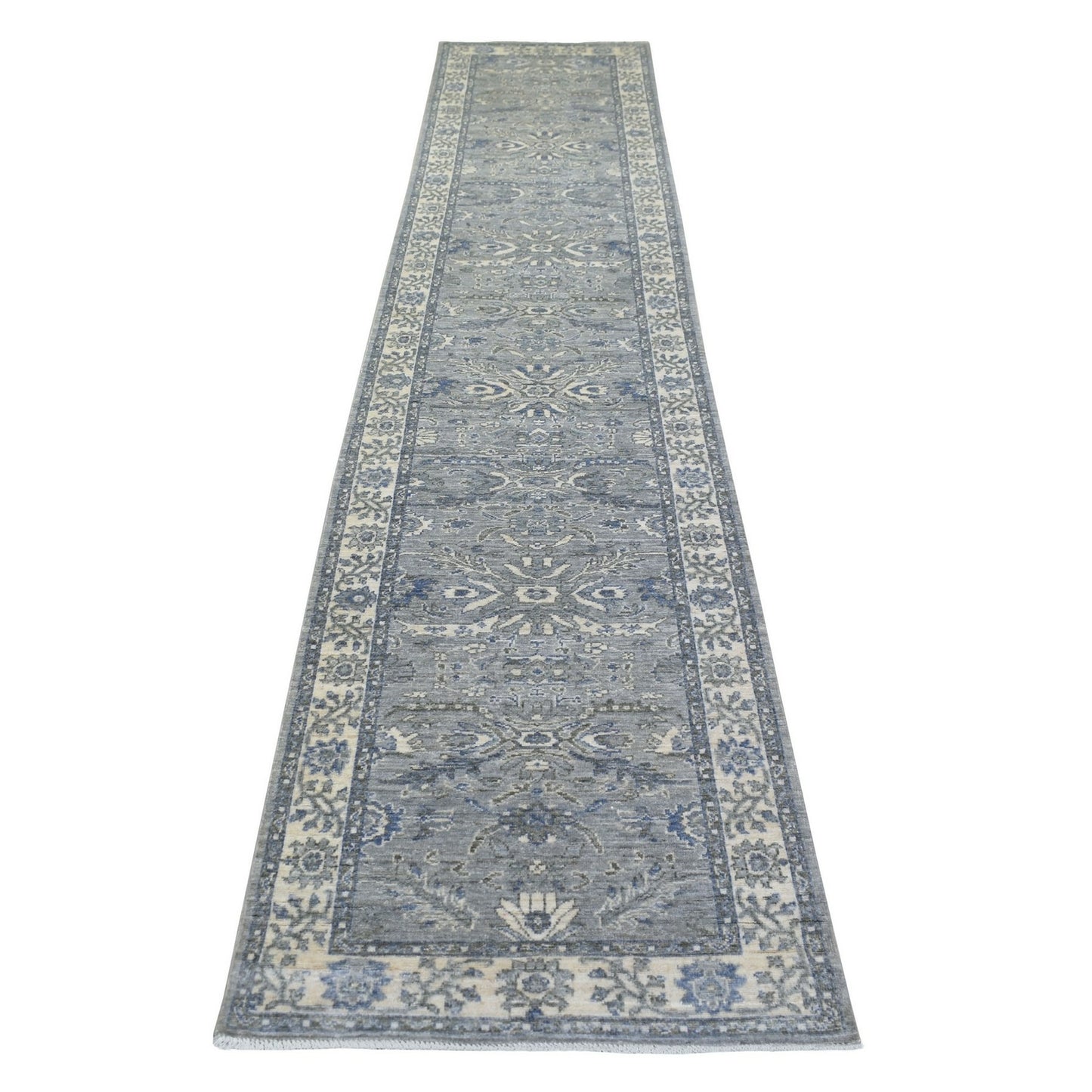 2'7"X13'1" Gray Pure Wool Hand Knotted Fine Densely Woven Runner Rug