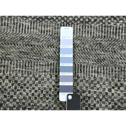 4'1"X12'1" Gray Grass Design Undyed Wool Hand Knotted Wide Runner Rug