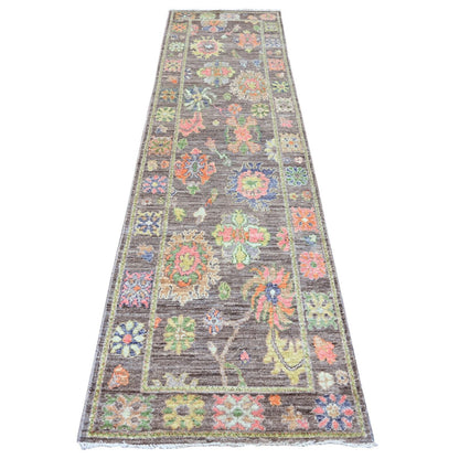 2'10"X10'4" Brown Hand Knotted Angora Oushak Leaf Design Wool Runner Rug