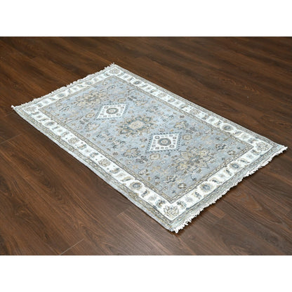 Rug 3'1"x5' Gray Hand Knotted Karjihooz and Geometric Design Pure Wool