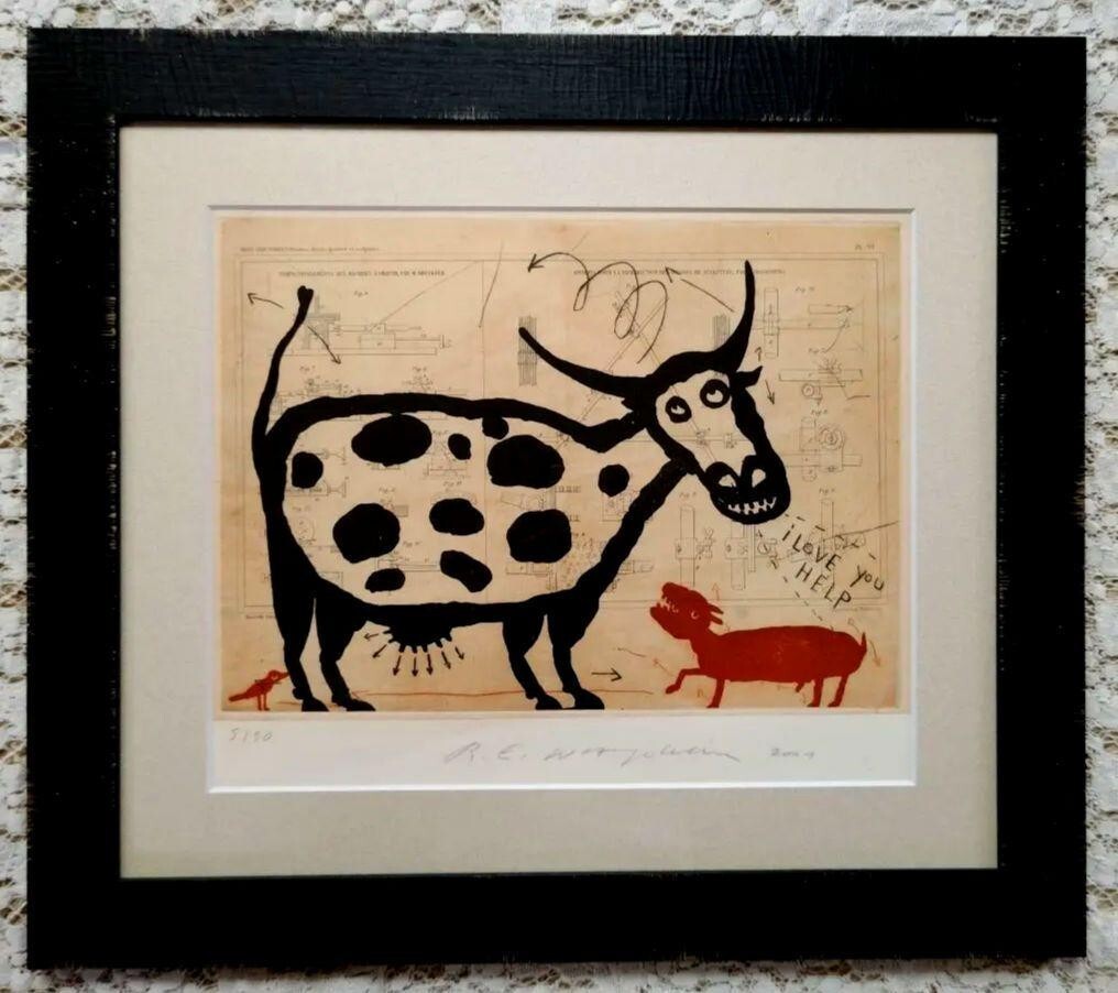 Raymond Waydelich (French, B. 1938) - Cow Original Serigraph Print Signed Framed