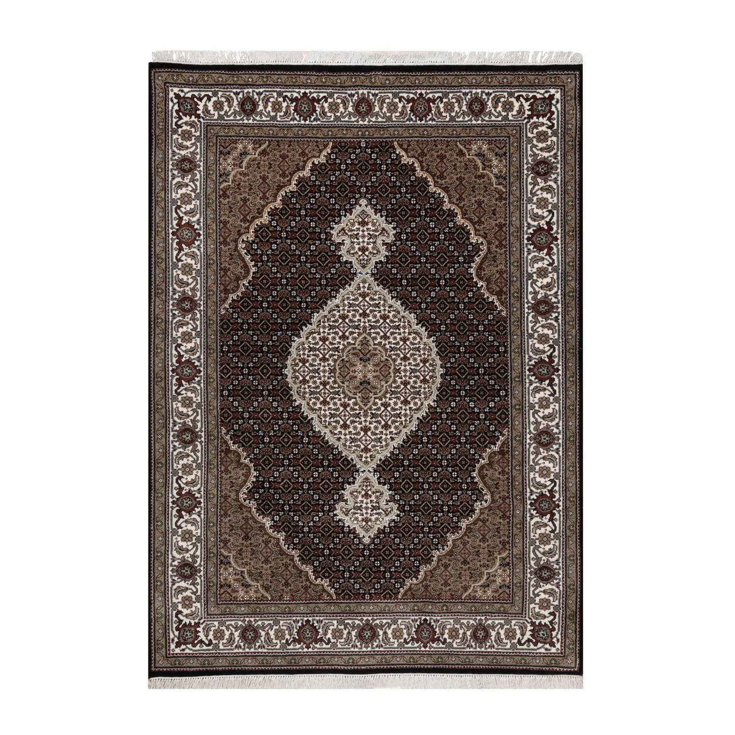 5'X7' Black Tebraz Mahi With Fish Medallion Design Wool Hand Knotted Rug