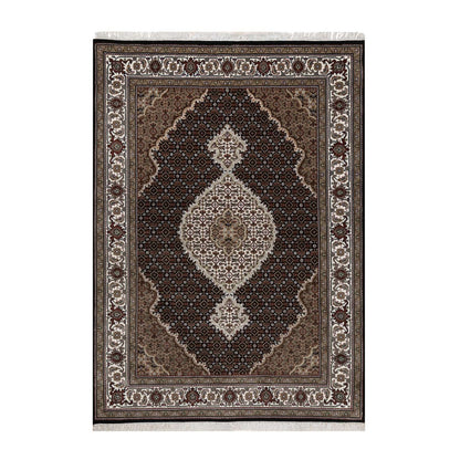 5'X7' Black Tebraz Mahi With Fish Medallion Design Wool Hand Knotted Rug