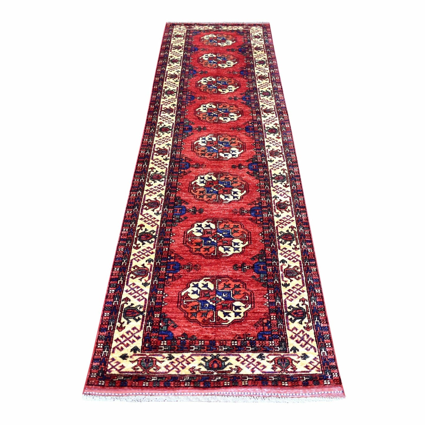 2'8"X9'7" Coral Red Afghan Ersari 100% Wool Hand Knotted Runner Rug