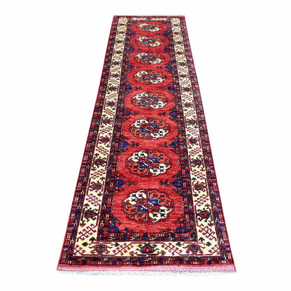 2'8"X9'7" Coral Red Afghan Ersari 100% Wool Hand Knotted Runner Rug