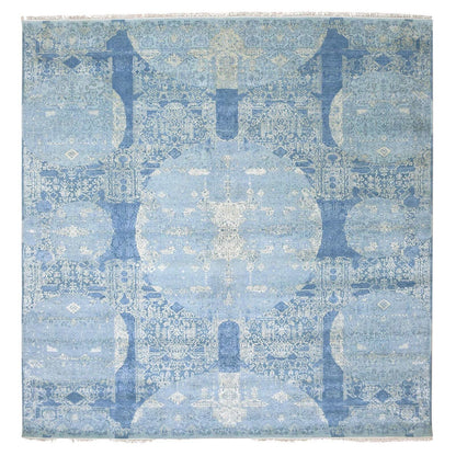 10'2"X10'2" Blue, Hand Knotted Jewellery Design, Wool And Silk Square Rug