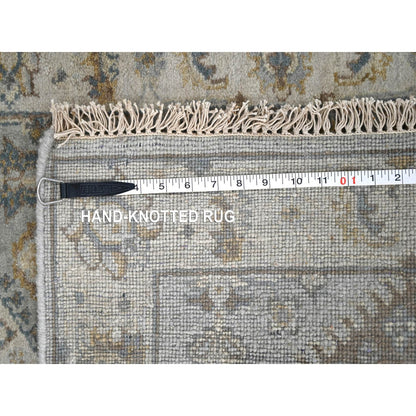 2'7"X6' Flannel Gray Karajeh Geometric Design Hand Knotted Shiny Wool Rug