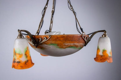 Muller Freres Signed Chandelier Gilt Bronze Art Glass French Art Deco Excellent