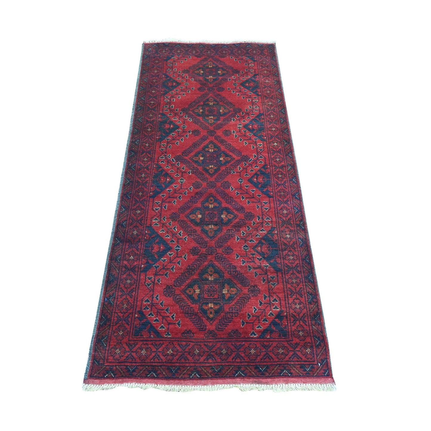 2'7"X6'3" Red All Wool Andkhoy Geometric Pattern, Hand Knotted Runner Rug