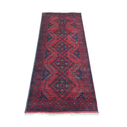 2'7"X6'3" Red All Wool Andkhoy Geometric Pattern, Hand Knotted Runner Rug