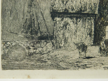 Paul Huet "Old Houses At Honfleur Port" Original Etching Framed With Box 1866