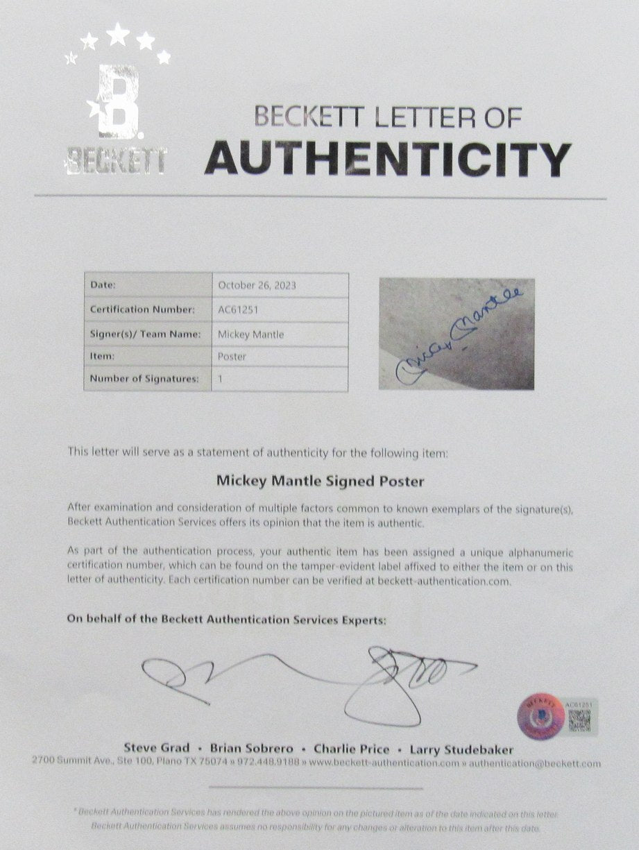 Mickey Mantle Hof Ny Yankees Signed 20X30 Photo Framed Beckett Full Loa 187381