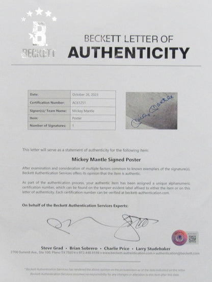 Mickey Mantle Hof Ny Yankees Signed 20X30 Photo Framed Beckett Full Loa 187381