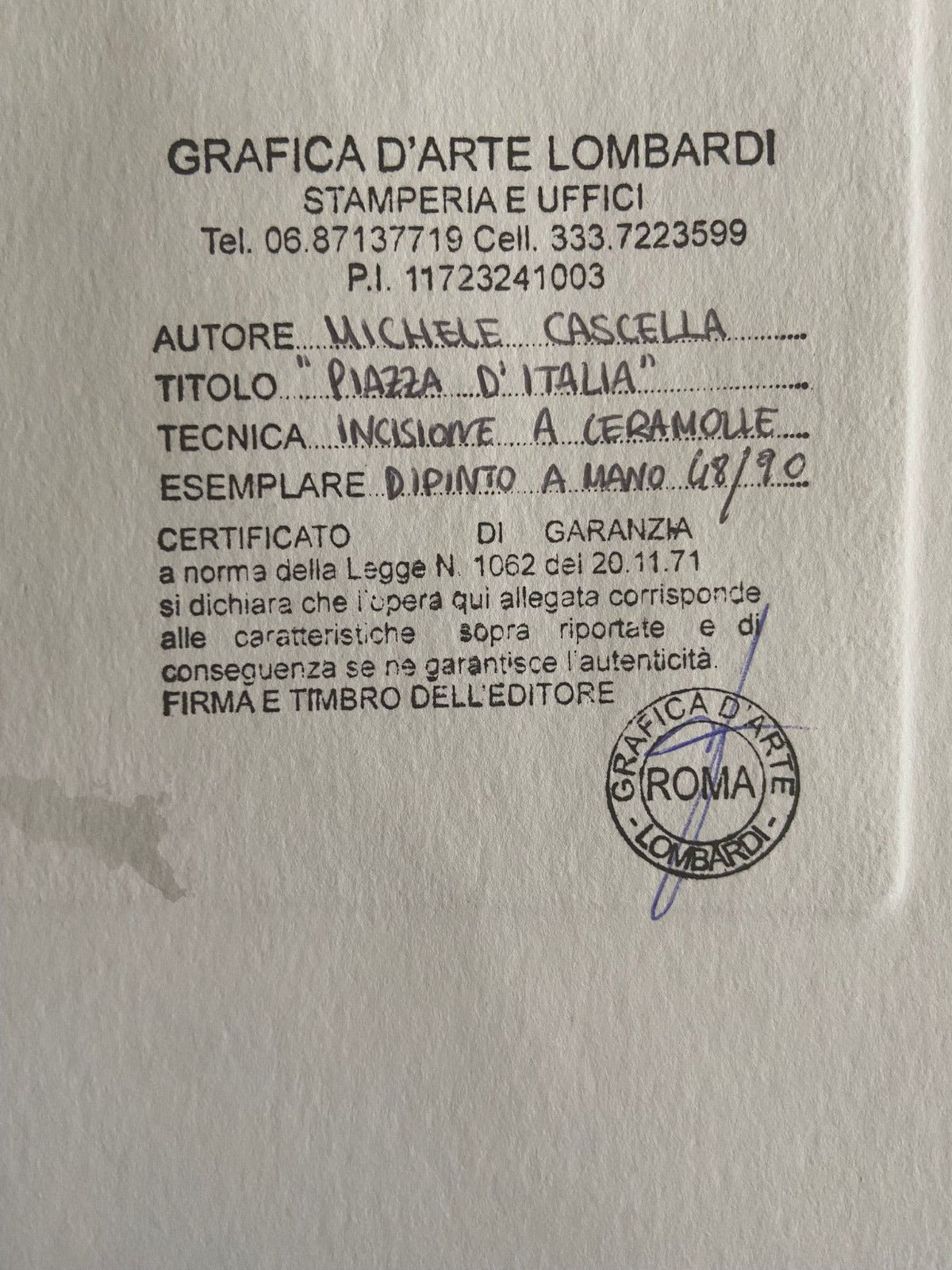 Michele Cascella Hand-Signed Watercolor Etching