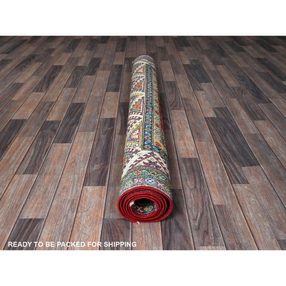 4'10"X6'6" Red Kazak Geometric Pattern Hand Knotted Soft Wool Oriental Rug