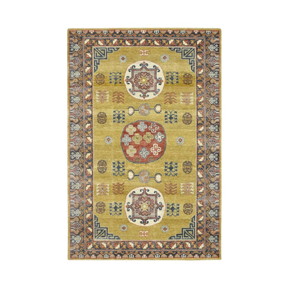 6'1"X9'4" Yellow Khotan Influence Distressed Hand Knotted 100% Wool Rug