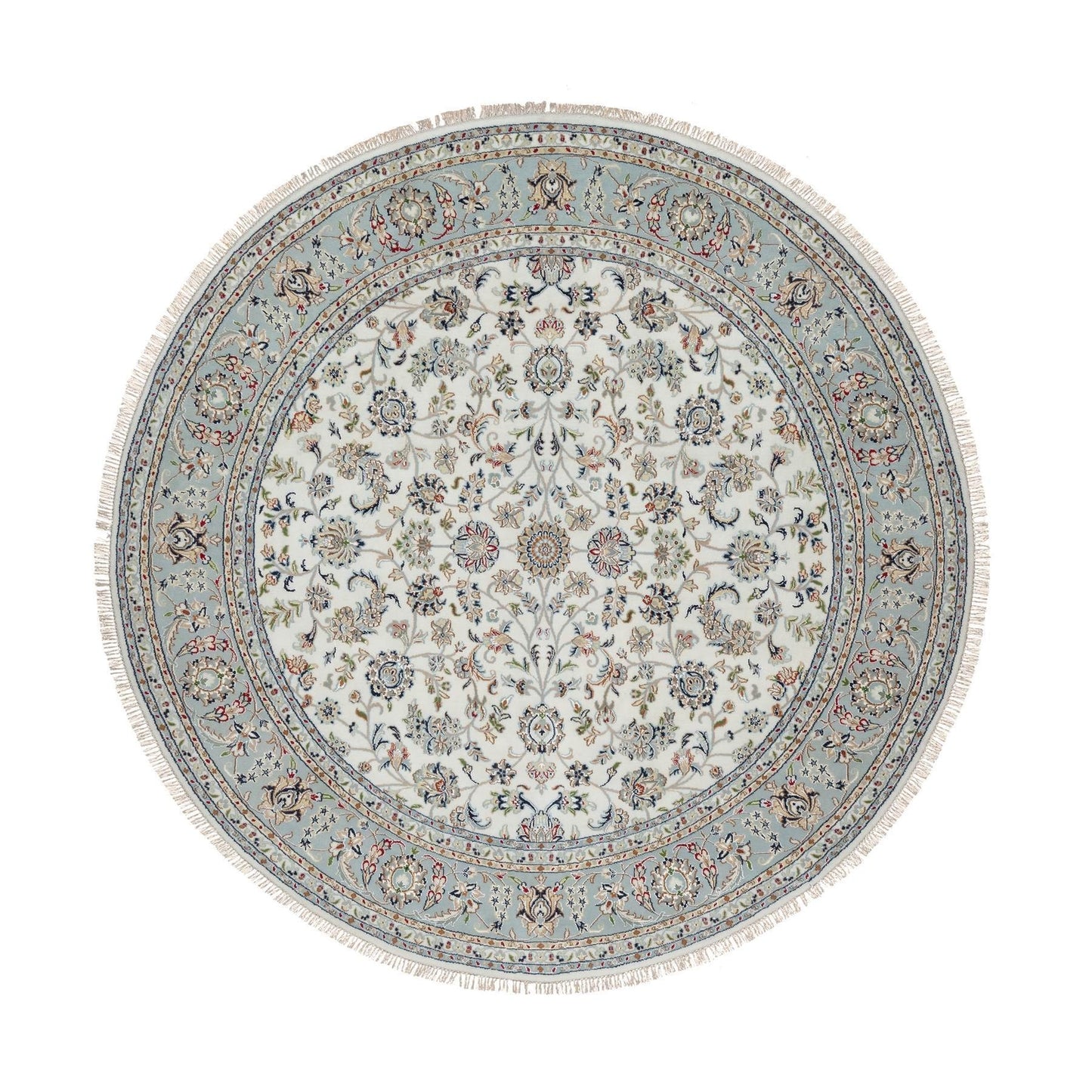 8'X8' Pearl White, 250 Kpsi, Nain, Wool And Silk, Hand Knotted, Round Rug