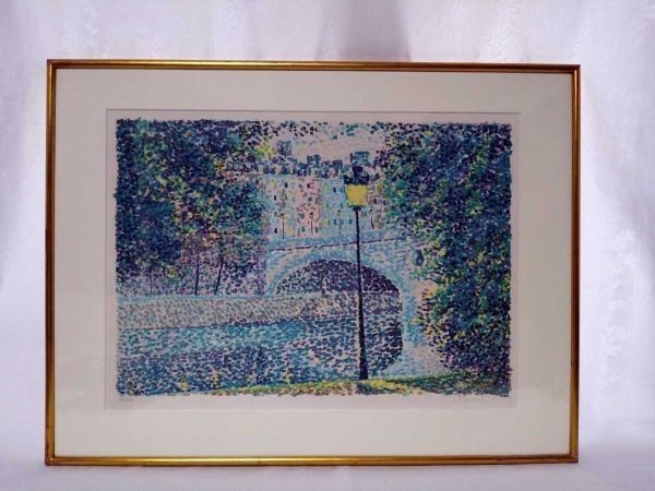 Serge Mendisky Signed Lithograph: Night Riverside View (French Modern Art)