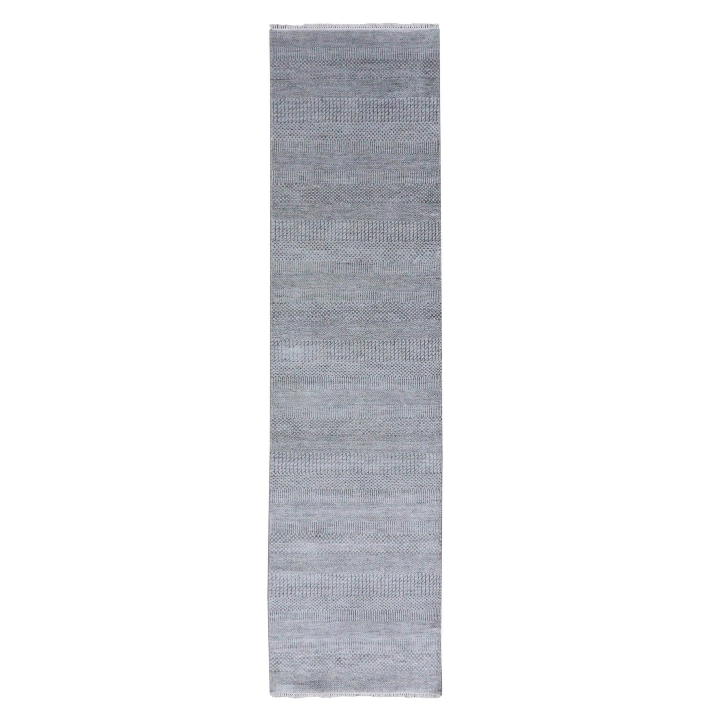 2'7"X10' Gray Wool And Silk Hand Knotted Modern Grass Design Runner Rug