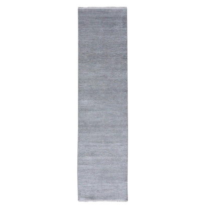 2'7"X10' Gray Wool And Silk Hand Knotted Modern Grass Design Runner Rug