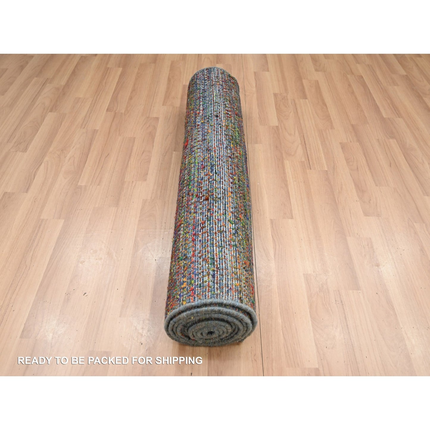 3'X10'1" Blue Wool And Silk Modern Grass Design Hand Knotted Runner Rug