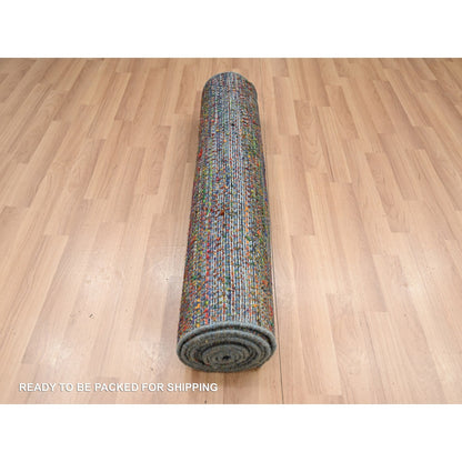 3'X10'1" Blue Wool And Silk Modern Grass Design Hand Knotted Runner Rug