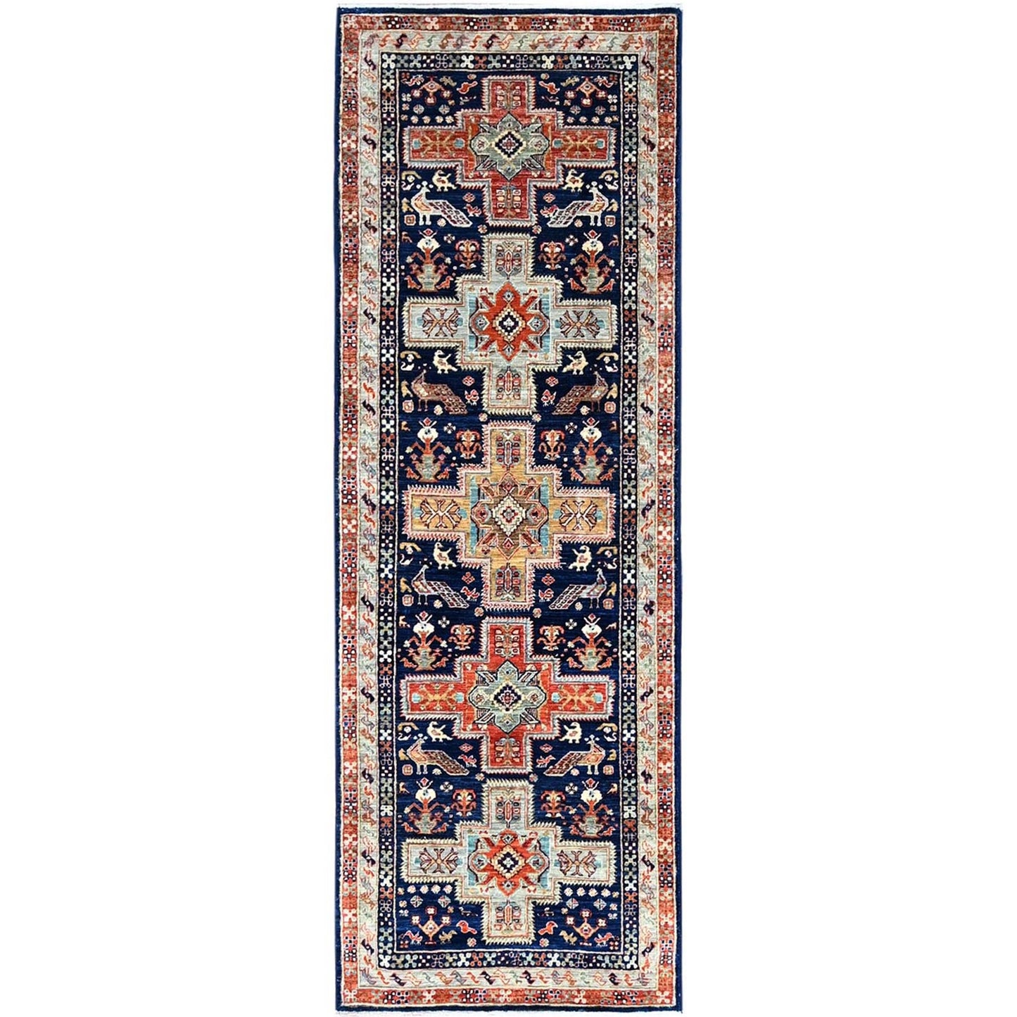 2'7"X7'9" Blue Runner Armenian Inspired Caucasian Design Wool Oriental Rug