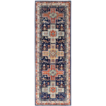 2'7"X7'9" Blue Runner Armenian Inspired Caucasian Design Wool Oriental Rug