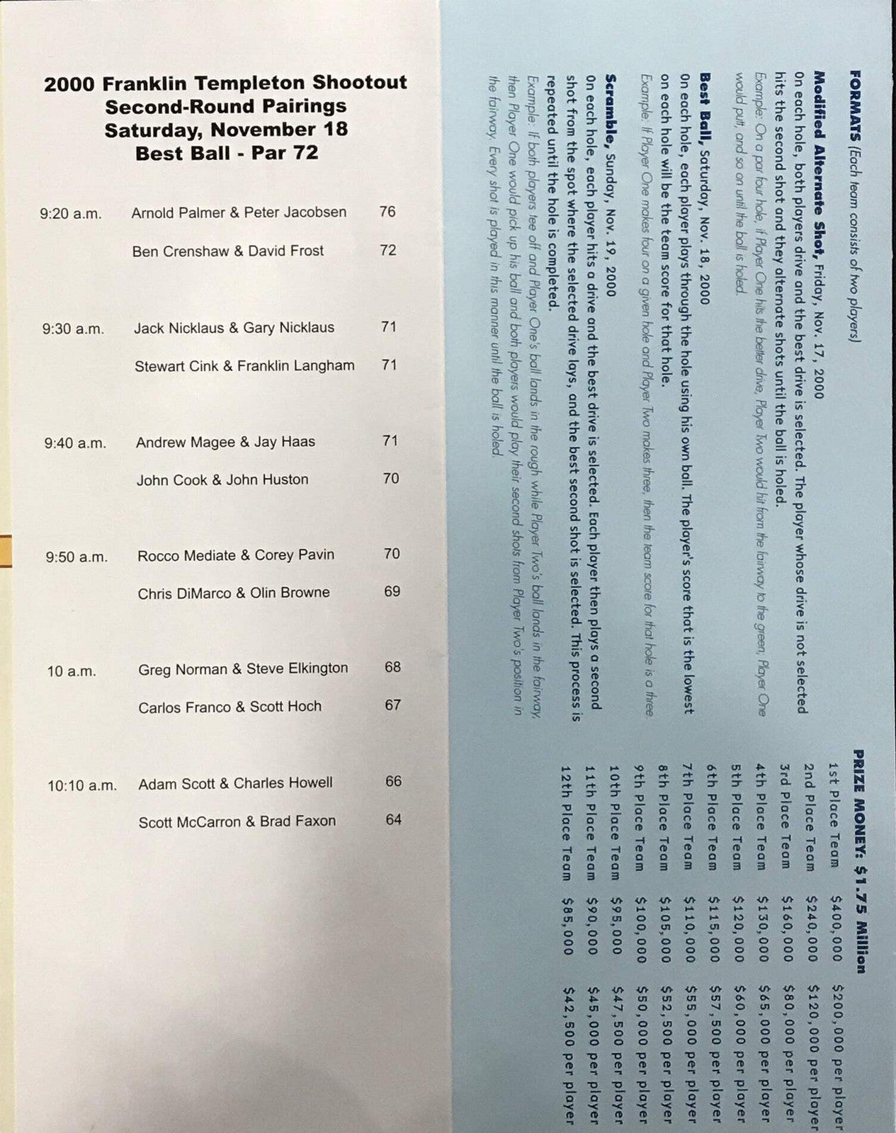 Jack Nicklaus Autographed 2000 Franklin Templeton Shootout Pamphlet