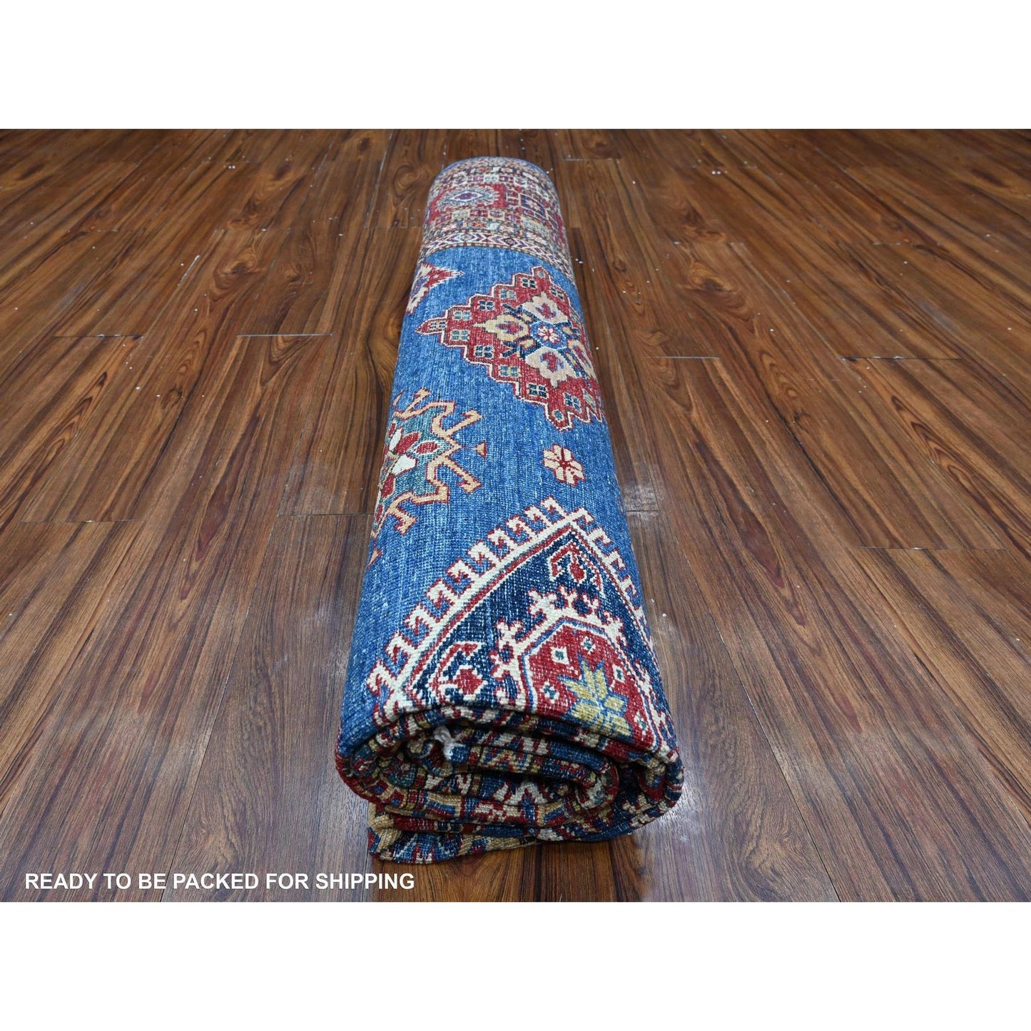 8'X8' Medium Blue Super Kazak Medallions Wool Hand Knotted Oriental Rug