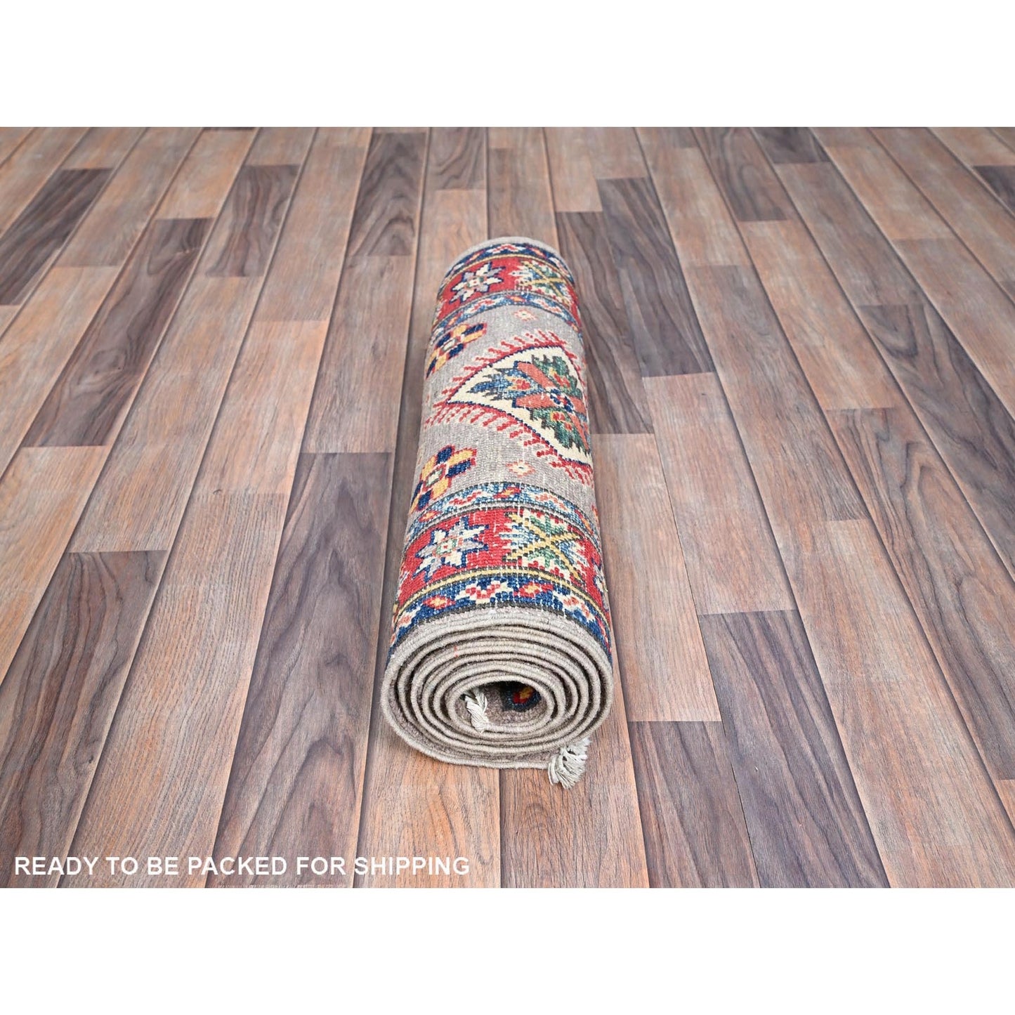 2'X6'5" Violet Gray Kazak Medallions 100% Wool Hand Knotted Oriental Rug