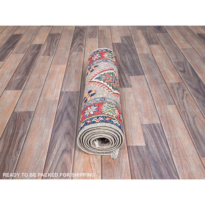 2'X6'5" Violet Gray Kazak Medallions 100% Wool Hand Knotted Oriental Rug