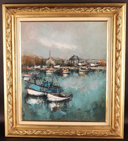 Claude Farcy Signed Oil Painting Boat Landing Harbor Scene Framed French Art