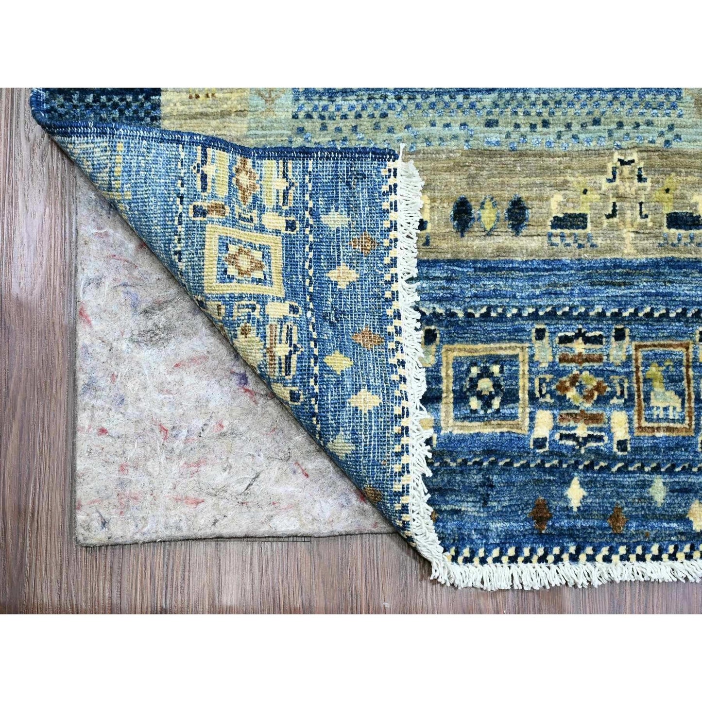 2'6"X9'8" Blue Hand Knotted Kashkuli Animal Figurines All Wool Runner Rug