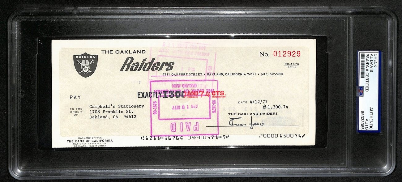 Al Davis Hof Signed/Autographed 8.5X3.5 Bank Check Raiders Psa/Dna 193235