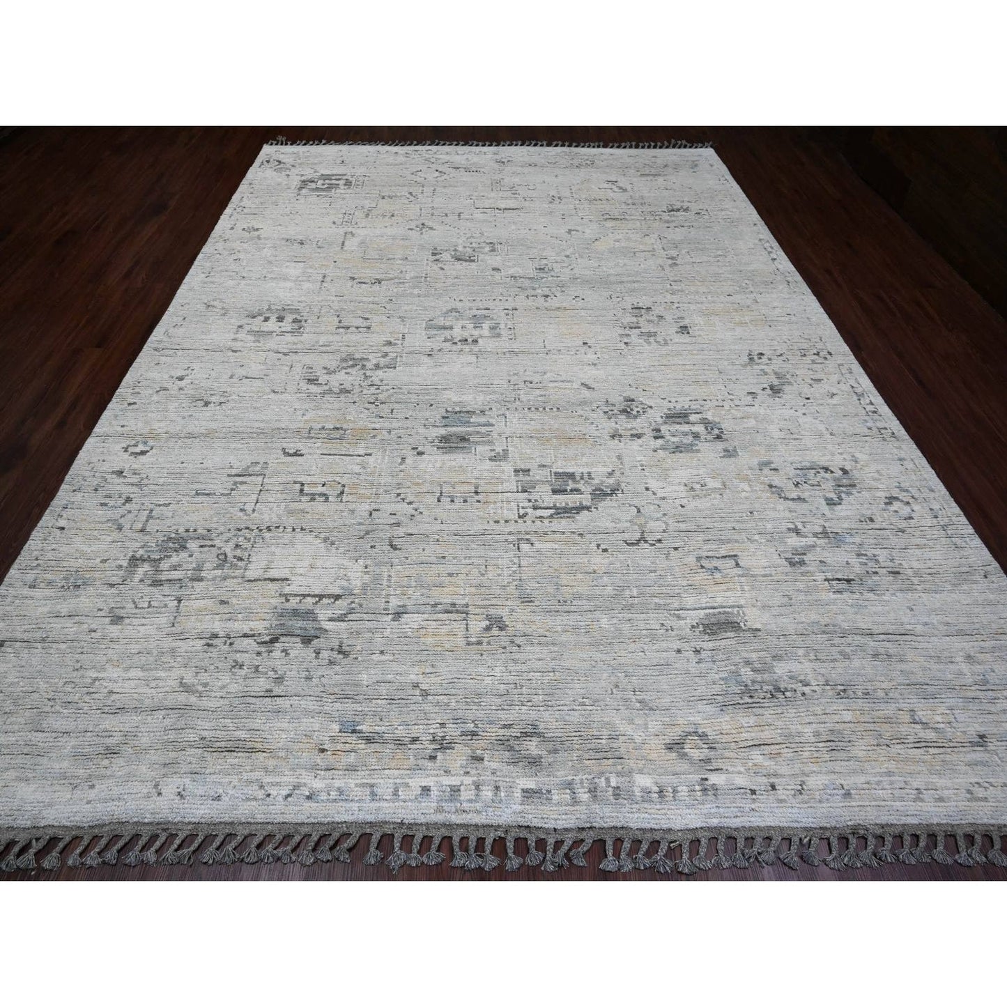 9'X12'1" Gray Moroccan Weave Elephant Feet Design Hand Knotted Wool Rug
