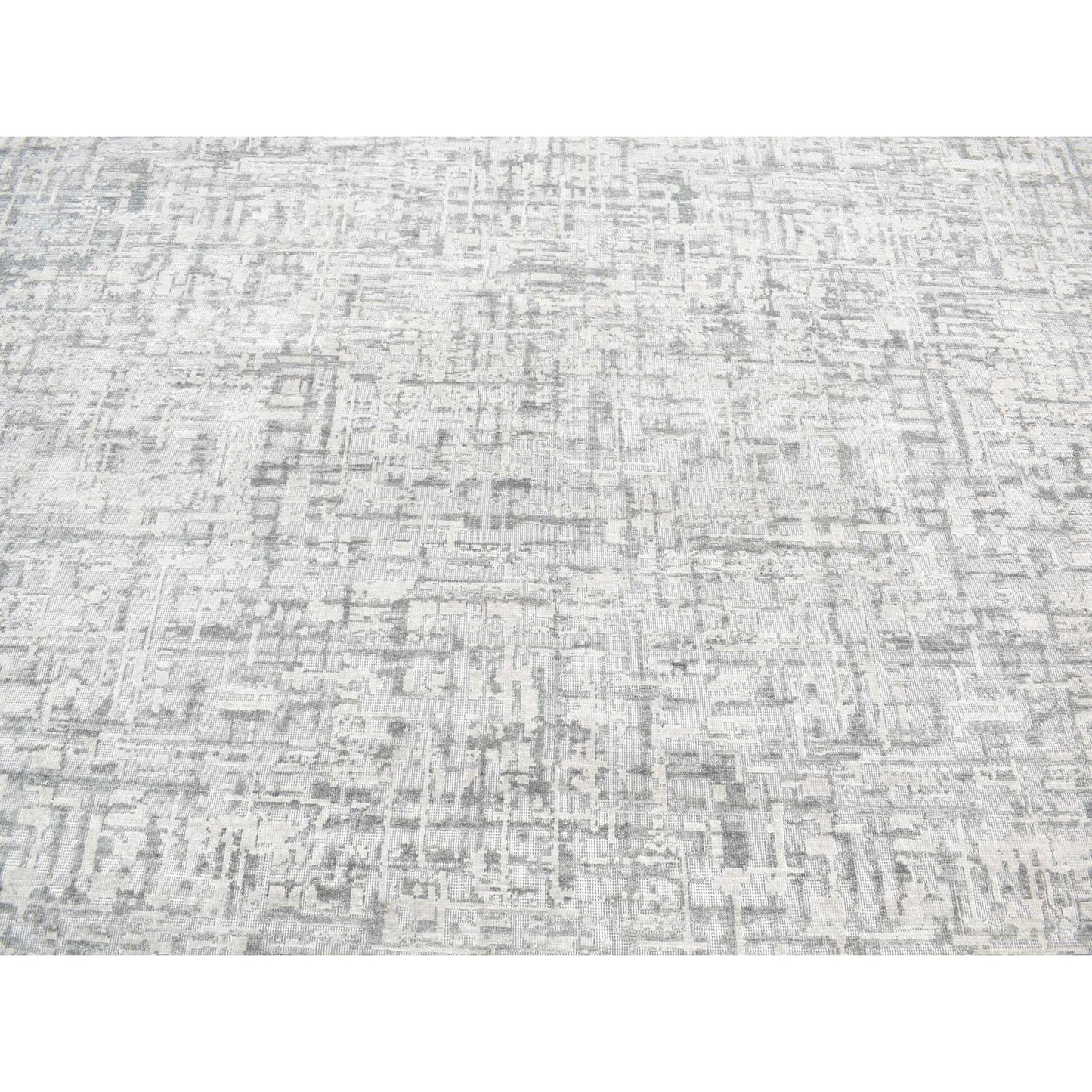 9'2"X12'3" Gray The Matrix Design Silk And Wool Hand Knotted Rug