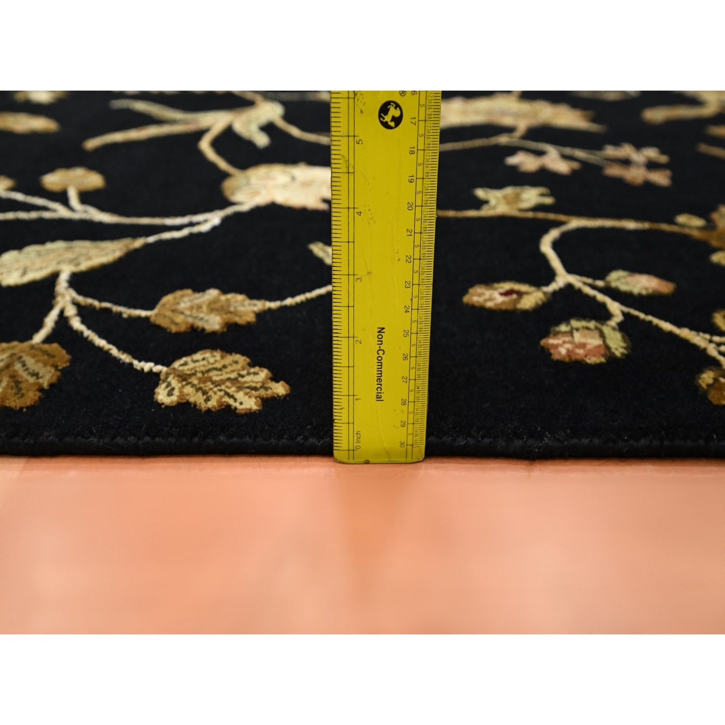 Rug 4'x6' Midnight Black Botanical Design Wool and Silk Hand Knotted