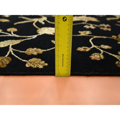 Rug 4'x6' Midnight Black Botanical Design Wool and Silk Hand Knotted