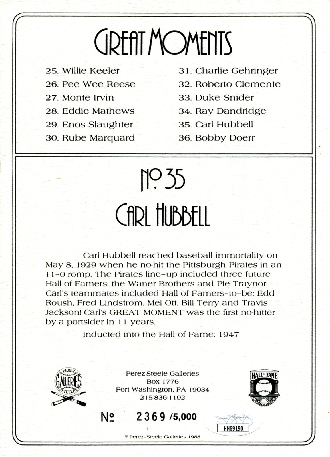 Carl Hubbell Autographed Perez Steele Greatest Moments Card (Jsa)