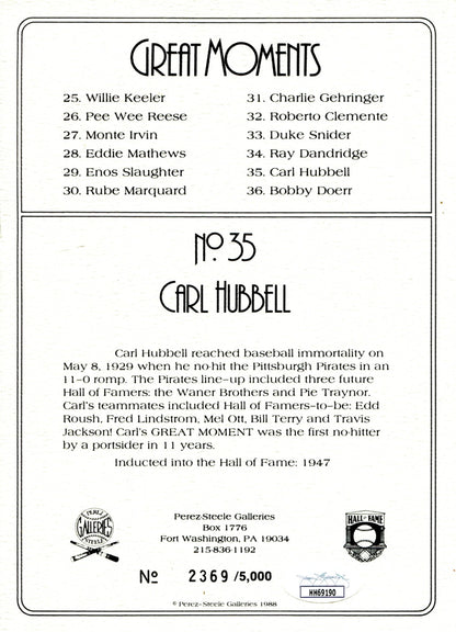 Carl Hubbell Autographed Perez Steele Greatest Moments Card (Jsa)