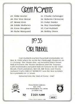 Carl Hubbell Autographed Perez Steele Greatest Moments Card (Jsa)