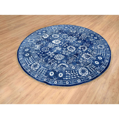 8'2"X8'2" Denim Blue Wool And Silk Hand Knotted Tebraz Round Rug